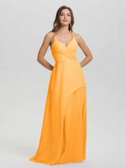 Straps V-Neck Open Back Long Chiffon Formal Bridesmaid Dress
