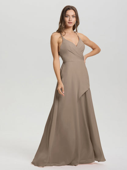 Straps V-Neck Open Back Long Chiffon Formal Bridesmaid Dress