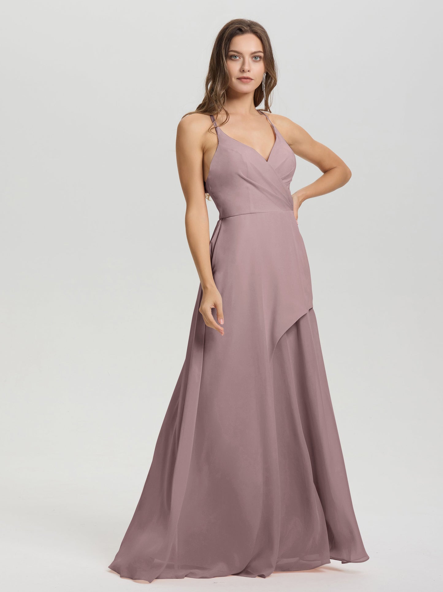 Straps V-Neck Open Back Long Chiffon Formal Bridesmaid Dress