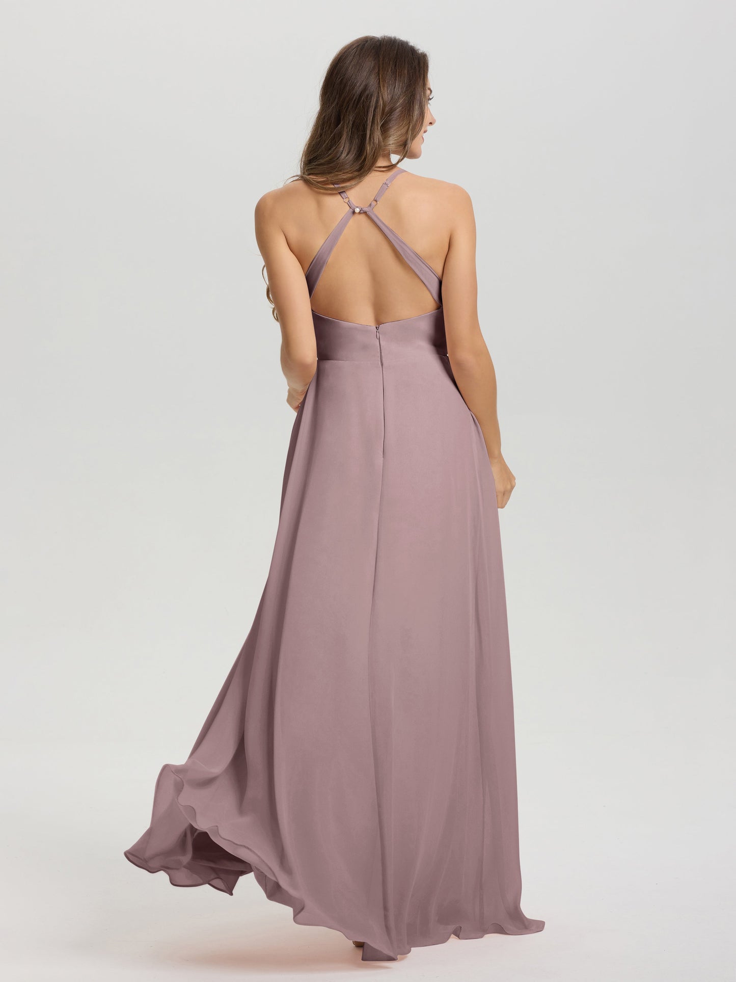 Straps V-Neck Open Back Long Chiffon Formal Bridesmaid Dress