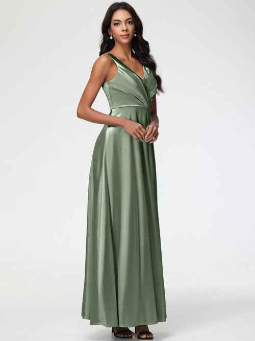 Dusty Sage Bridesmaid Sleeveless Stretch Satin V-Neck Floor Length A Line Long Stretch Satin Bridesmaid Dresses