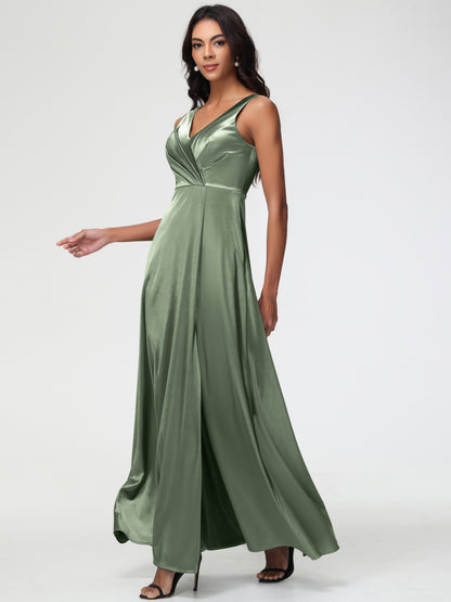 Dusty Sage Bridesmaid Sleeveless Stretch Satin V-Neck Floor Length A Line Long Stretch Satin Bridesmaid Dresses