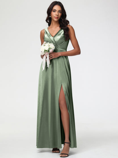 Dusty Sage Bridesmaid Sleeveless Stretch Satin V-Neck Floor Length A Line Long Stretch Satin Bridesmaid Dresses