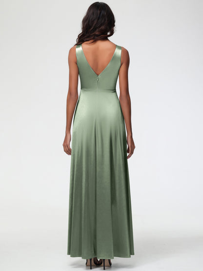 Dusty Sage Bridesmaid Sleeveless Stretch Satin V-Neck Floor Length A Line Long Stretch Satin Bridesmaid Dresses