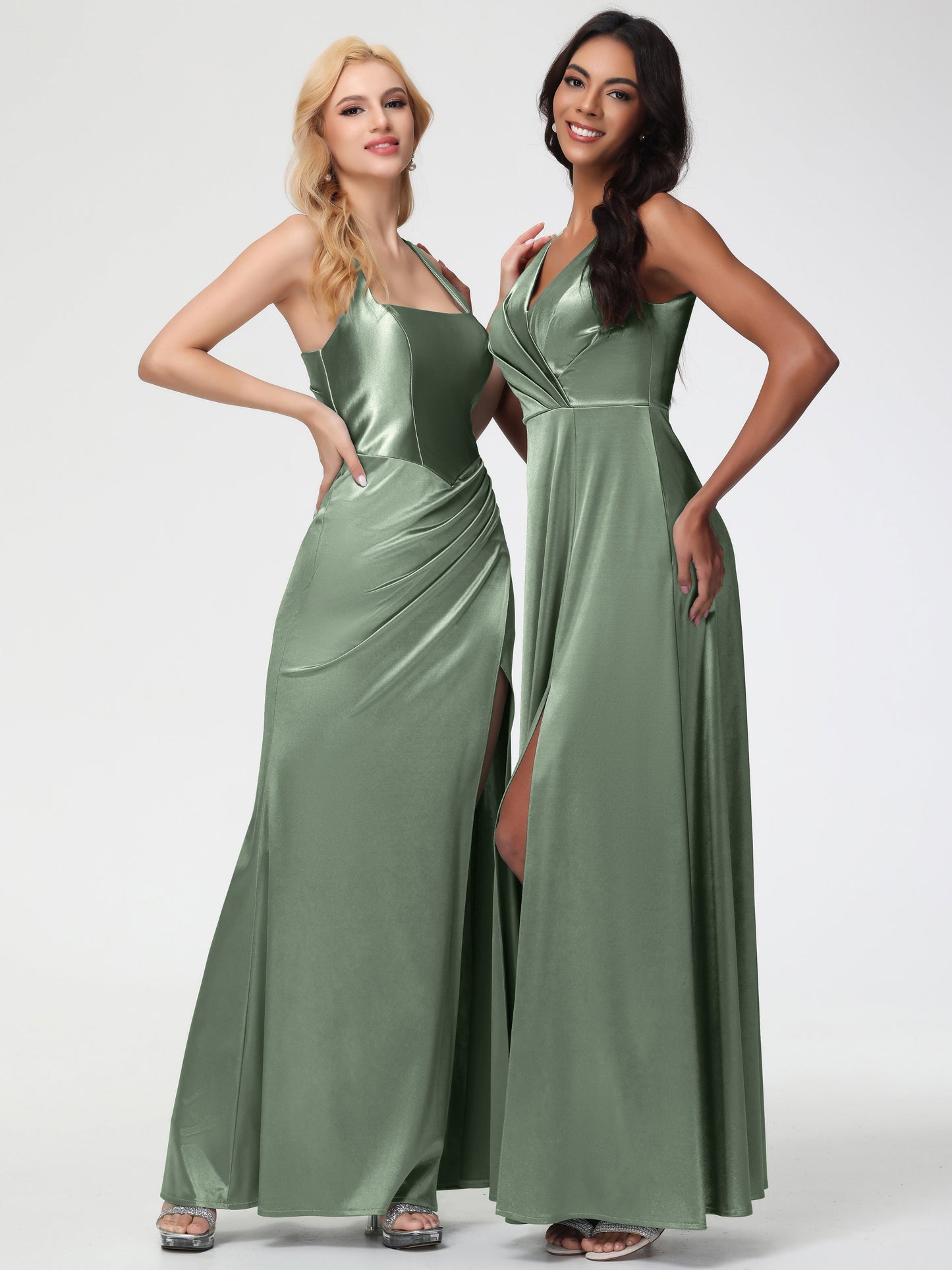 Dusty Sage Bridesmaid Sleeveless Stretch Satin V-Neck Floor Length A Line Long Stretch Satin Bridesmaid Dresses