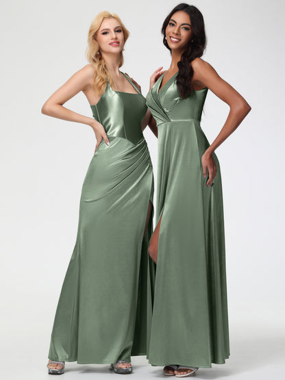 Dusty Sage Bridesmaid Sleeveless Stretch Satin V-Neck Floor Length A Line Long Stretch Satin Bridesmaid Dresses