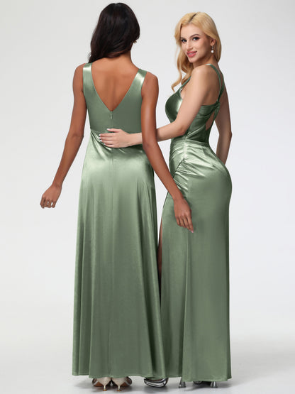 Dusty Sage Bridesmaid Sleeveless Stretch Satin V-Neck Floor Length A Line Long Stretch Satin Bridesmaid Dresses