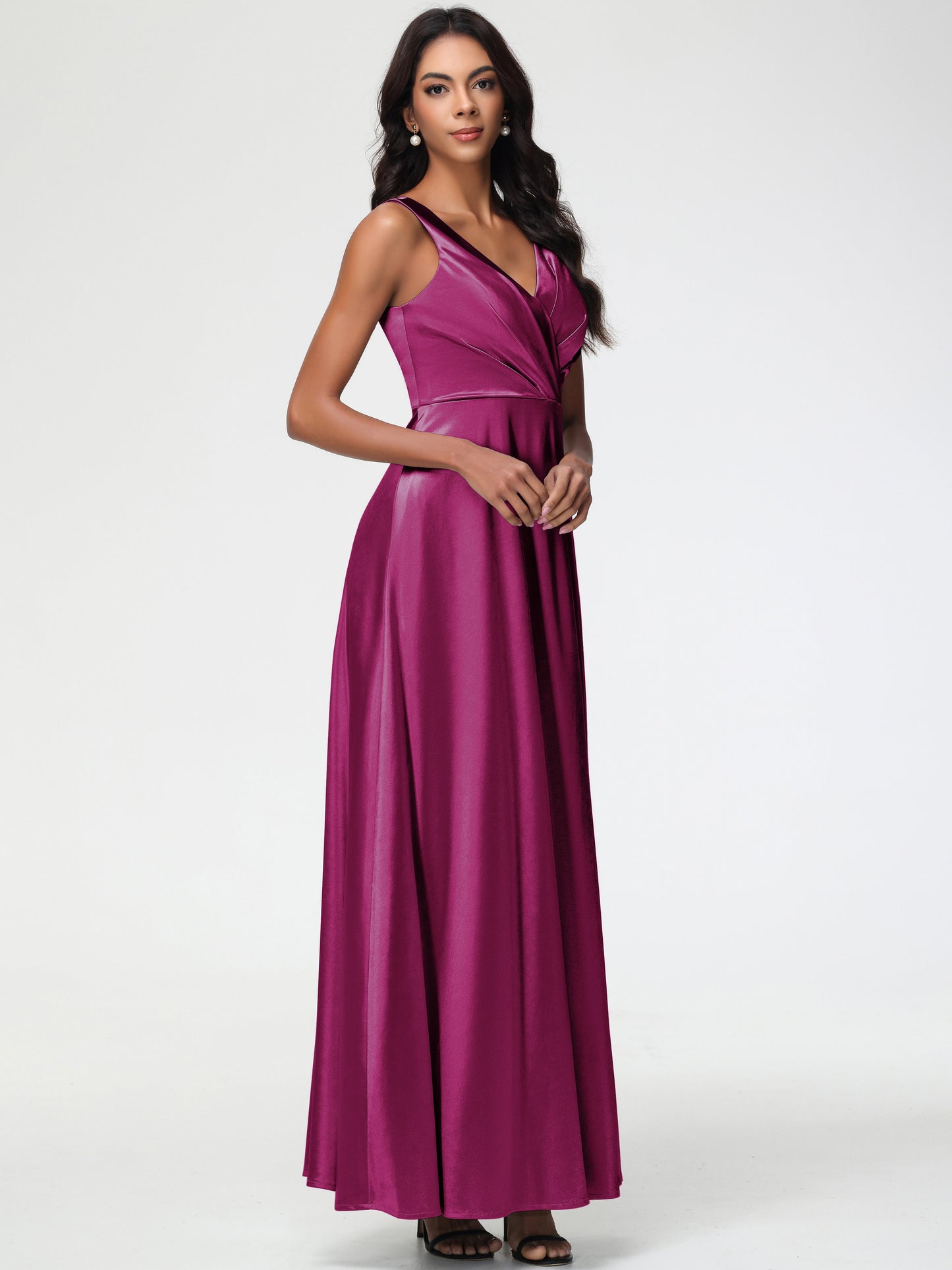 Bridesmaids Dresses In Fuchsia Sleeveless Stretch Satin V-Neck Floor Length A Line Long Stretch Satin Bridesmaid Dresses