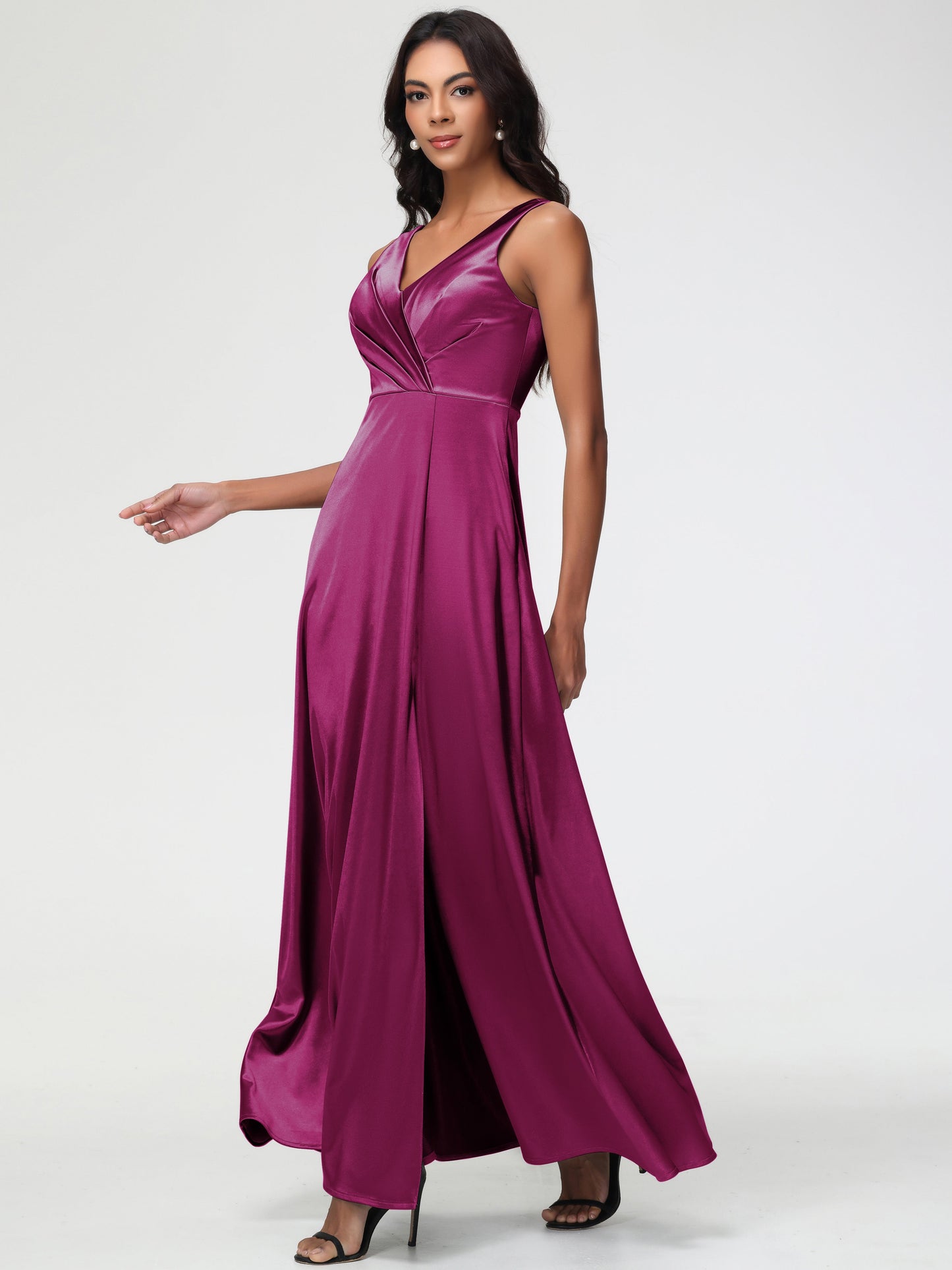 Bridesmaids Dresses In Fuchsia Sleeveless Stretch Satin V-Neck Floor Length A Line Long Stretch Satin Bridesmaid Dresses