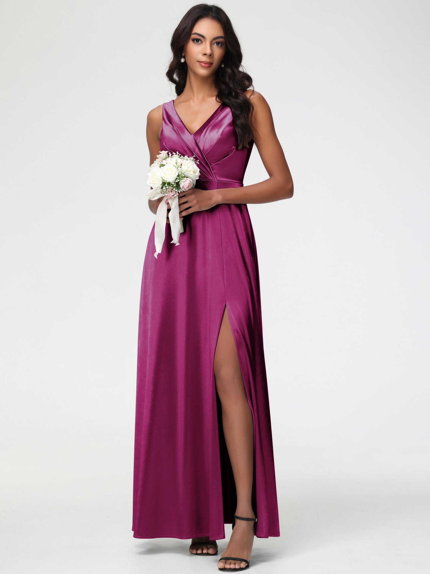 Bridesmaids Dresses In Fuchsia Sleeveless Stretch Satin V-Neck Floor Length A Line Long Stretch Satin Bridesmaid Dresses