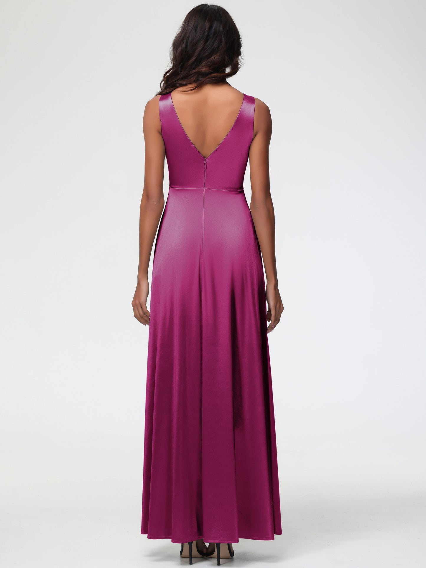 Bridesmaids Dresses In Fuchsia Sleeveless Stretch Satin V-Neck Floor Length A Line Long Stretch Satin Bridesmaid Dresses