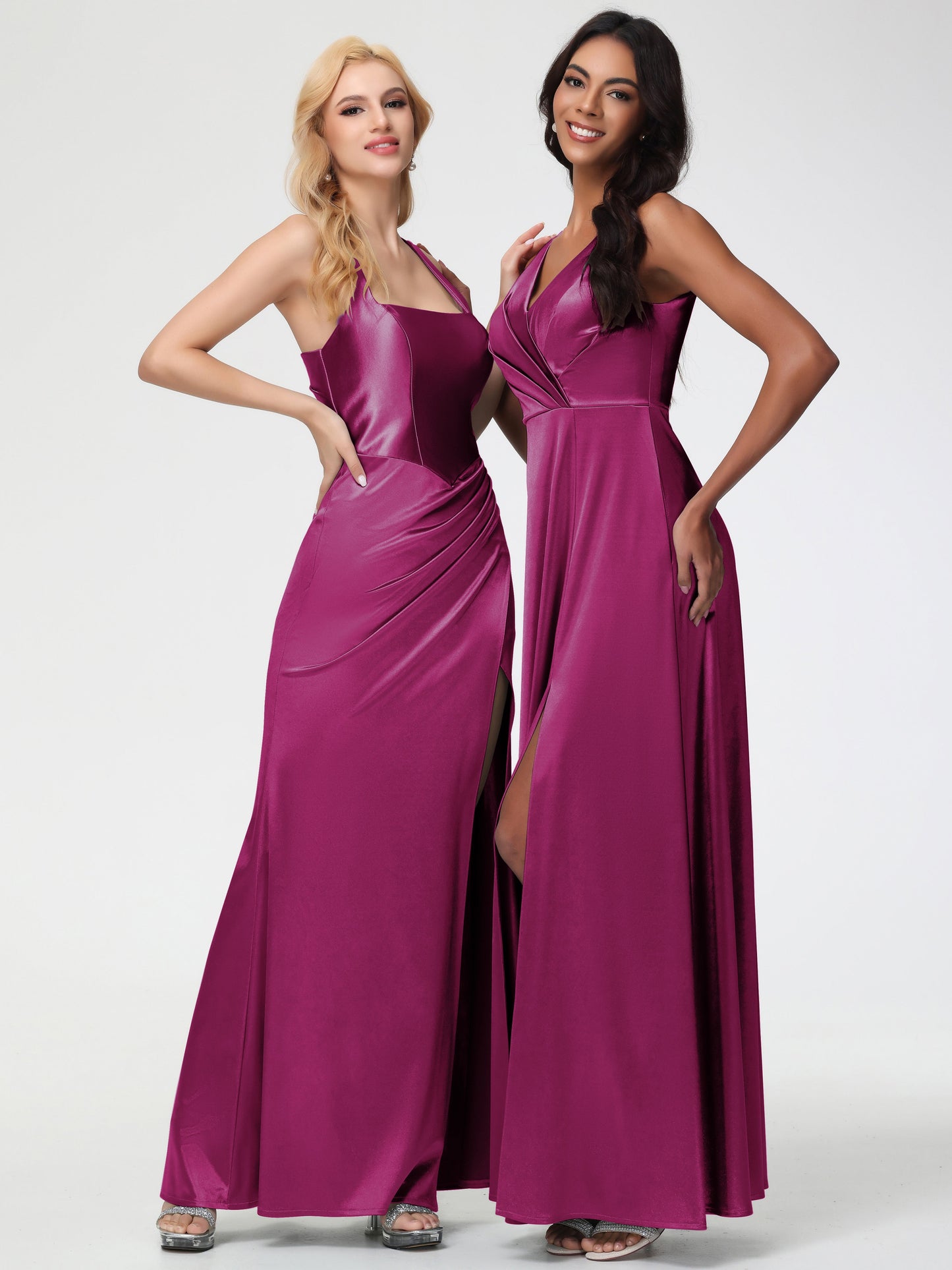 Bridesmaids Dresses In Fuchsia Sleeveless Stretch Satin V-Neck Floor Length A Line Long Stretch Satin Bridesmaid Dresses