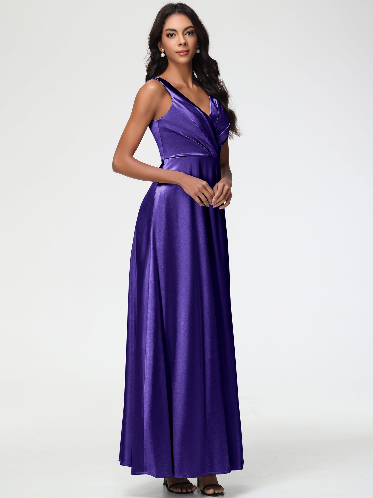 Bridesmaid Dresses Regency Purple Sleeveless Stretch Satin V-Neck Floor Length A Line Long Stretch Satin Bridesmaid Dresses