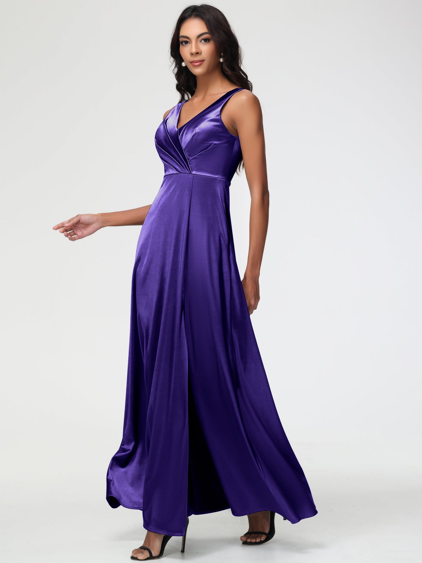 Bridesmaid Dresses Regency Purple Sleeveless Stretch Satin V-Neck Floor Length A Line Long Stretch Satin Bridesmaid Dresses