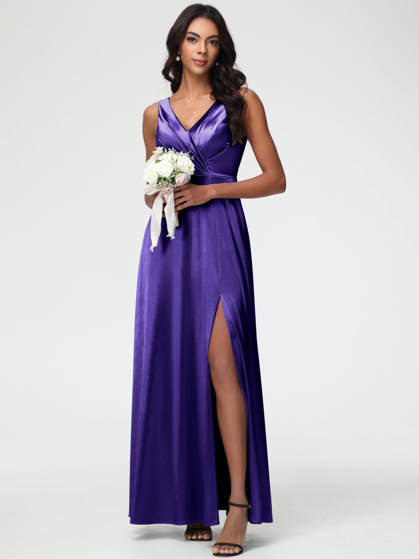 Bridesmaid Dresses Regency Purple Sleeveless Stretch Satin V-Neck Floor Length A Line Long Stretch Satin Bridesmaid Dresses