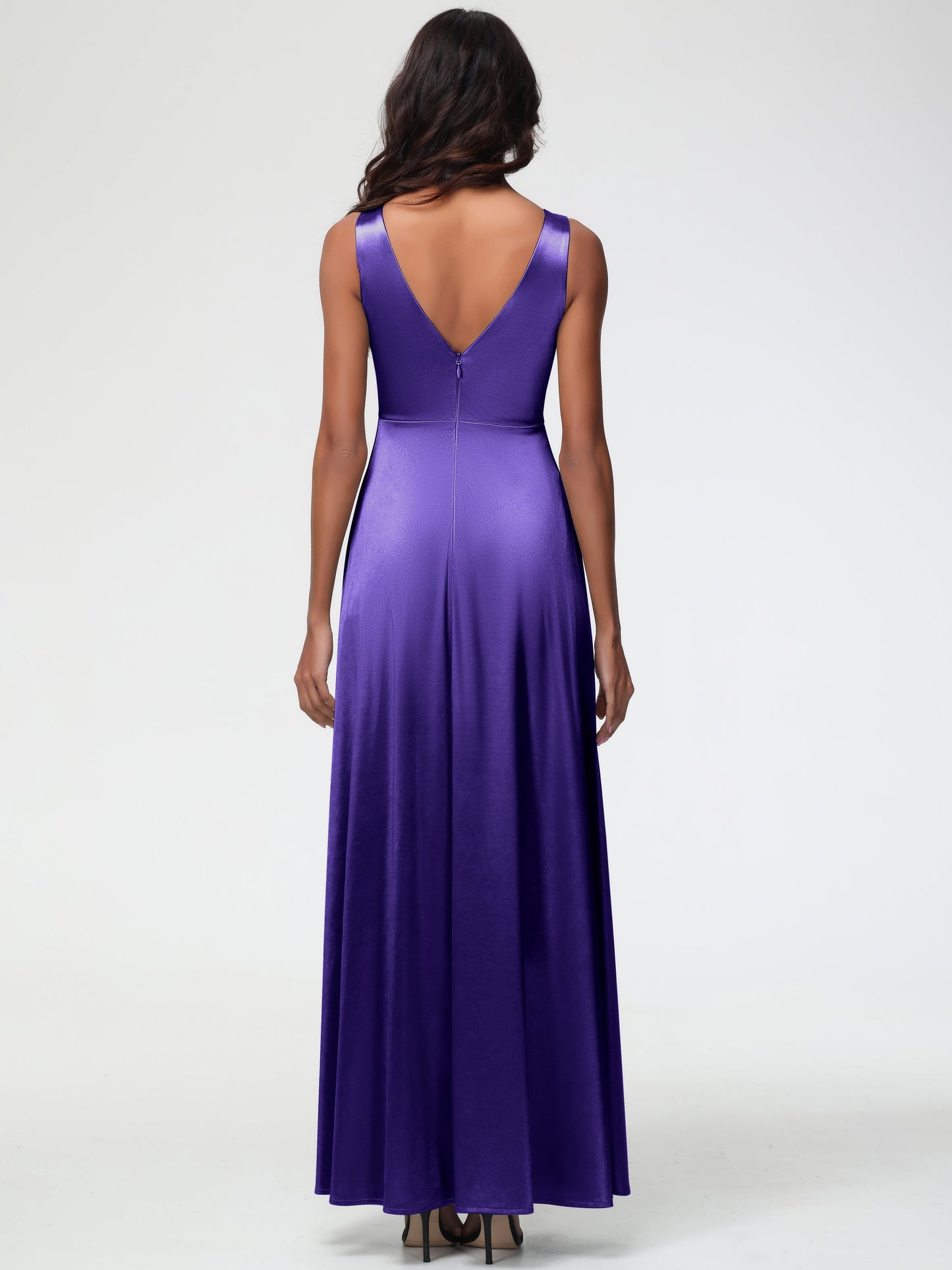 Bridesmaid Dresses Regency Purple Sleeveless Stretch Satin V-Neck Floor Length A Line Long Stretch Satin Bridesmaid Dresses