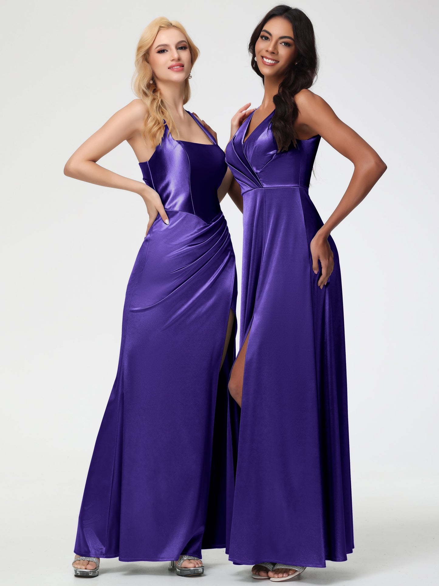 Bridesmaid Dresses Regency Purple Sleeveless Stretch Satin V-Neck Floor Length A Line Long Stretch Satin Bridesmaid Dresses