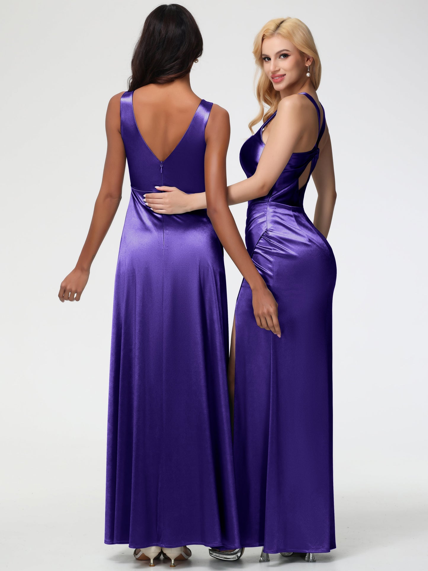 Bridesmaid Dresses Regency Purple Sleeveless Stretch Satin V-Neck Floor Length A Line Long Stretch Satin Bridesmaid Dresses