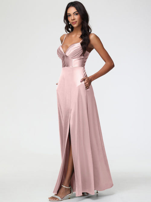 Satin Dusty Rose Bridesmaid Dresses Simple Spaghetti Straps Elegant V-Neck Floor Length Stretch Satin Bridesmaid Dress With Slit