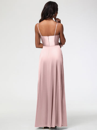 Satin Dusty Rose Bridesmaid Dresses Simple Spaghetti Straps Elegant V-Neck Floor Length Stretch Satin Bridesmaid Dress With Slit