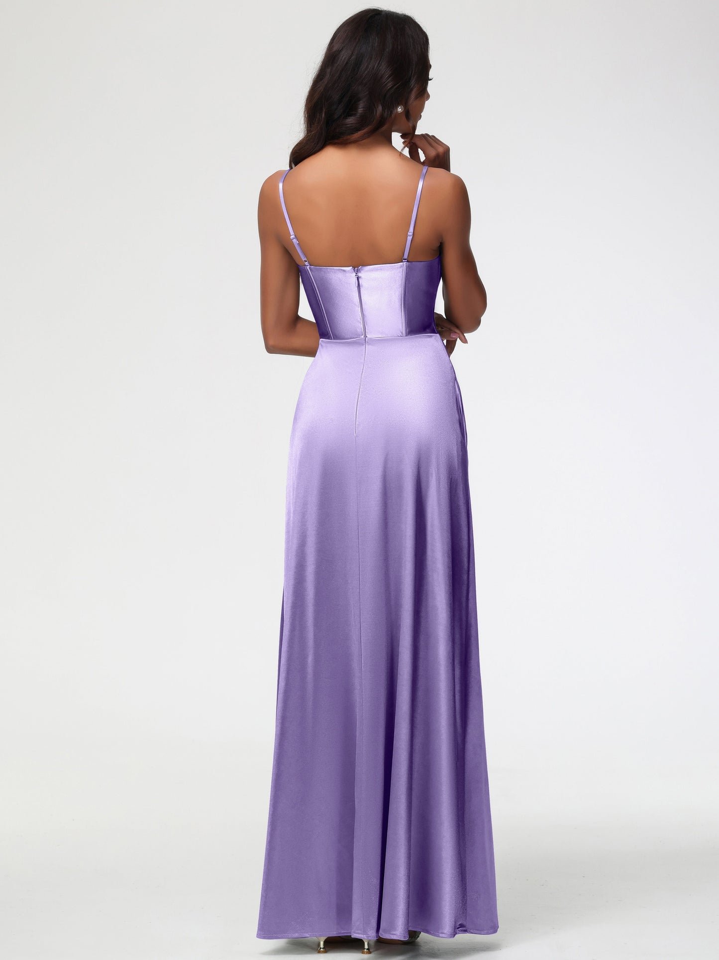 Tahiti Bridesmaid Dress Simple Spaghetti Straps Elegant V-Neck Floor Length Stretch Satin Bridesmaid Dress With Slit