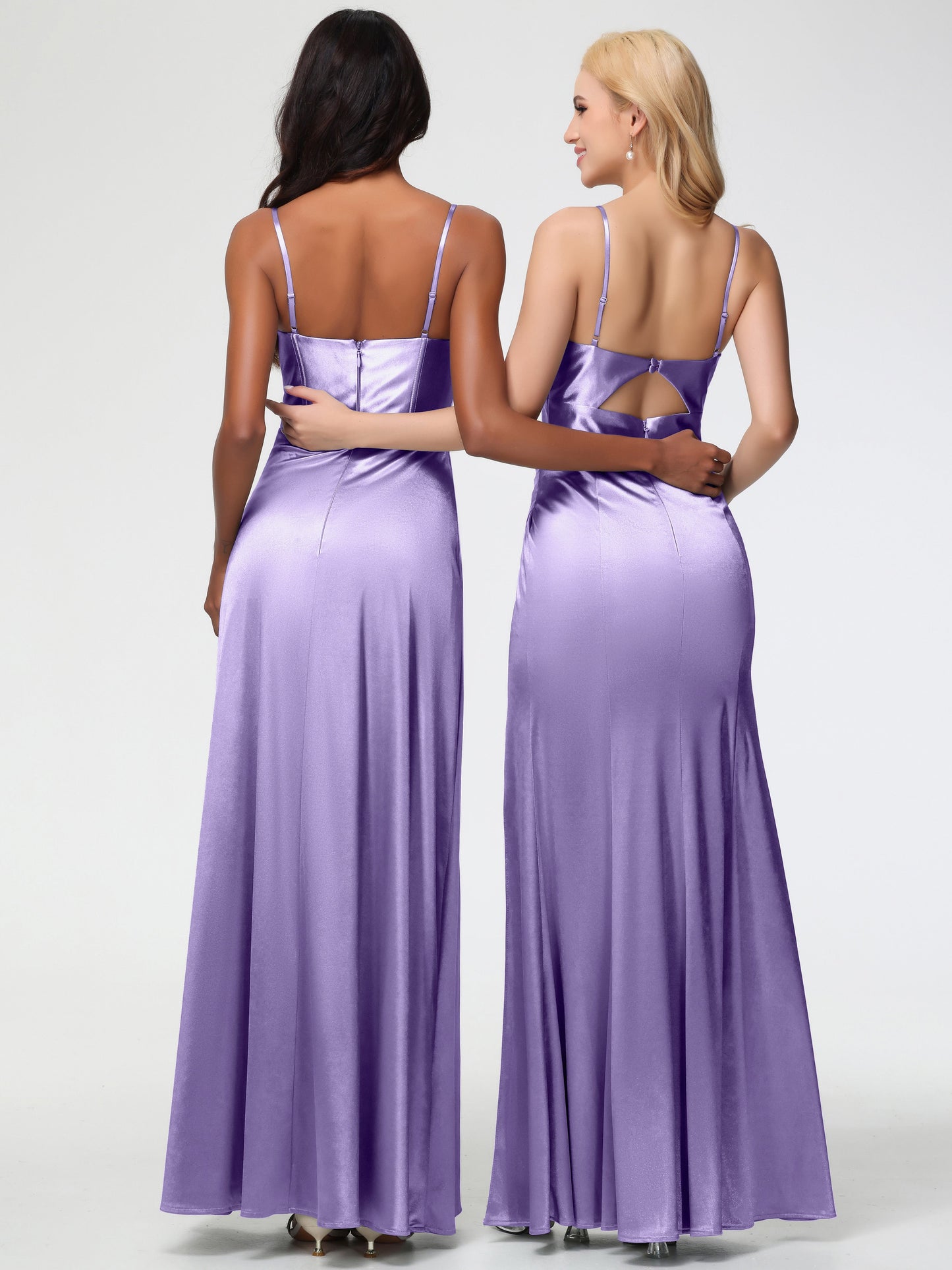 Tahiti Bridesmaid Dress Simple Spaghetti Straps Elegant V-Neck Floor Length Stretch Satin Bridesmaid Dress With Slit
