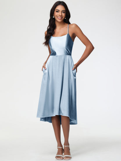 Dusty Blue Bridesmaid Dresses Minimalist A Line Spaghetti Straps Sleeveless Stretch Satin Bridesmaid Dress