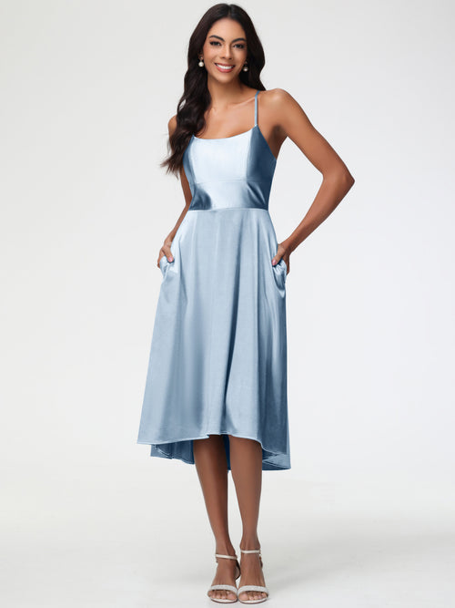 Dusty Blue Bridesmaid Dresses Minimalist A Line Spaghetti Straps Sleeveless Stretch Satin Bridesmaid Dress
