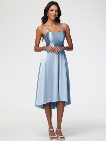 Dusty Blue Bridesmaid Dresses Minimalist A Line Spaghetti Straps Sleeveless Stretch Satin Bridesmaid Dress