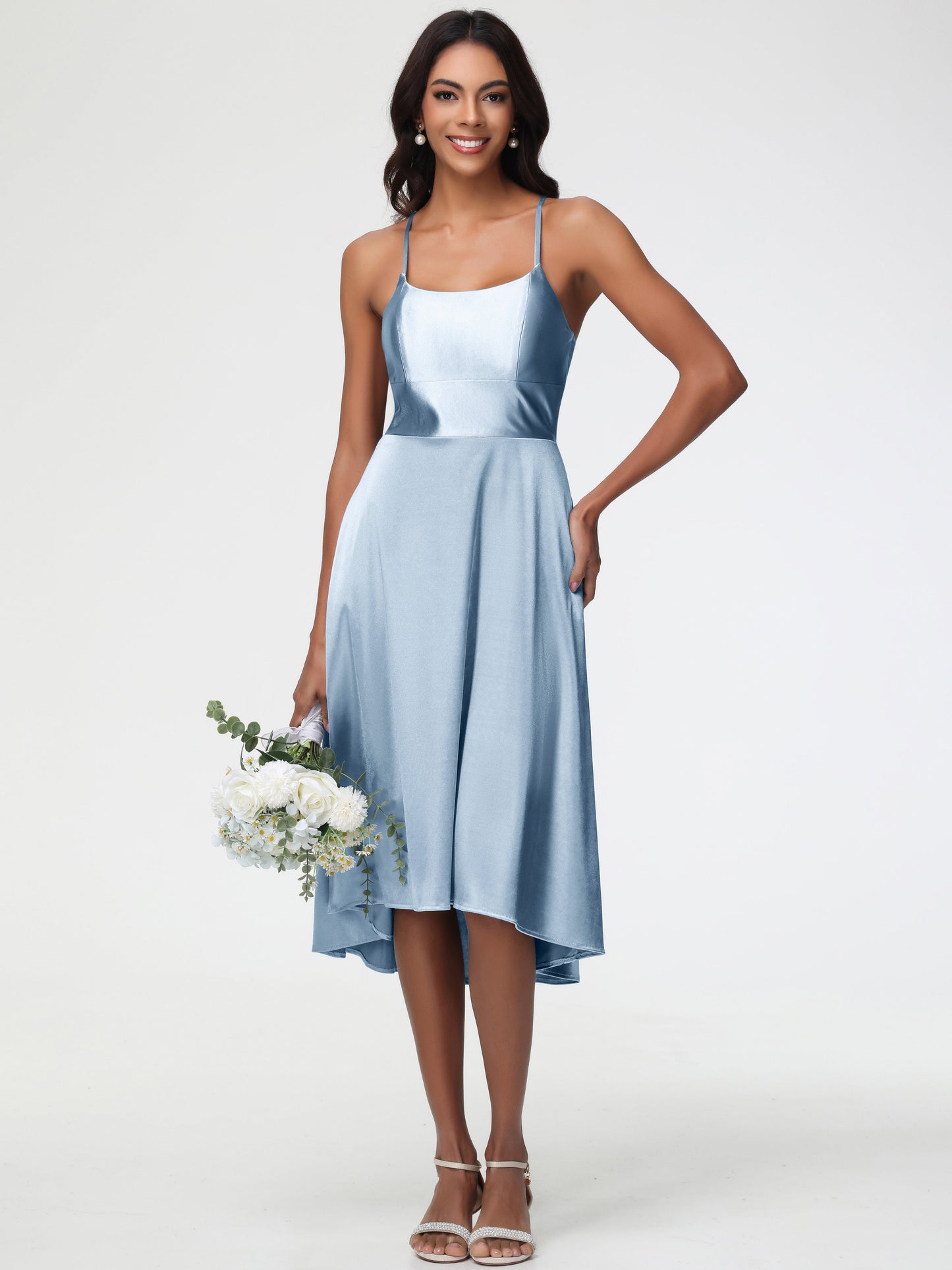 Dusty Blue Bridesmaid Dresses Minimalist A Line Spaghetti Straps Sleeveless Stretch Satin Bridesmaid Dress
