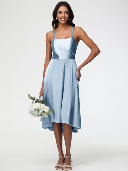 Dusty Blue Bridesmaid Dresses Minimalist A Line Spaghetti Straps Sleeveless Stretch Satin Bridesmaid Dress