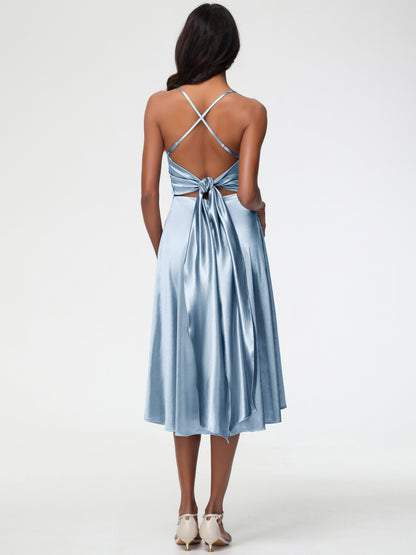 Dusty Blue Bridesmaid Dresses Minimalist A Line Spaghetti Straps Sleeveless Stretch Satin Bridesmaid Dress