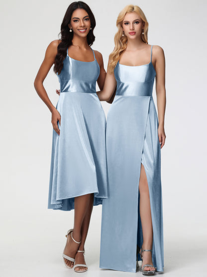 Dusty Blue Bridesmaid Dresses Minimalist A Line Spaghetti Straps Sleeveless Stretch Satin Bridesmaid Dress