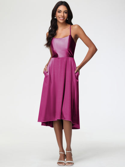 Fuchsia Dresses Bridesmaid Minimalist A Line Spaghetti Straps Sleeveless Stretch Satin Bridesmaid Dress