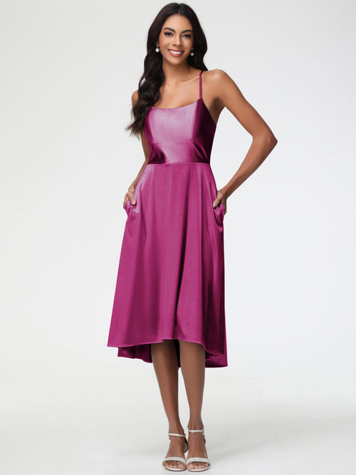 Fuchsia Dresses Bridesmaid Minimalist A Line Spaghetti Straps Sleeveless Stretch Satin Bridesmaid Dress