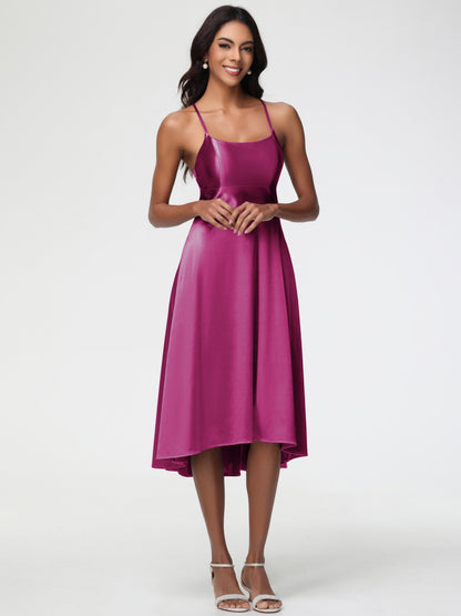Fuchsia Dresses Bridesmaid Minimalist A Line Spaghetti Straps Sleeveless Stretch Satin Bridesmaid Dress