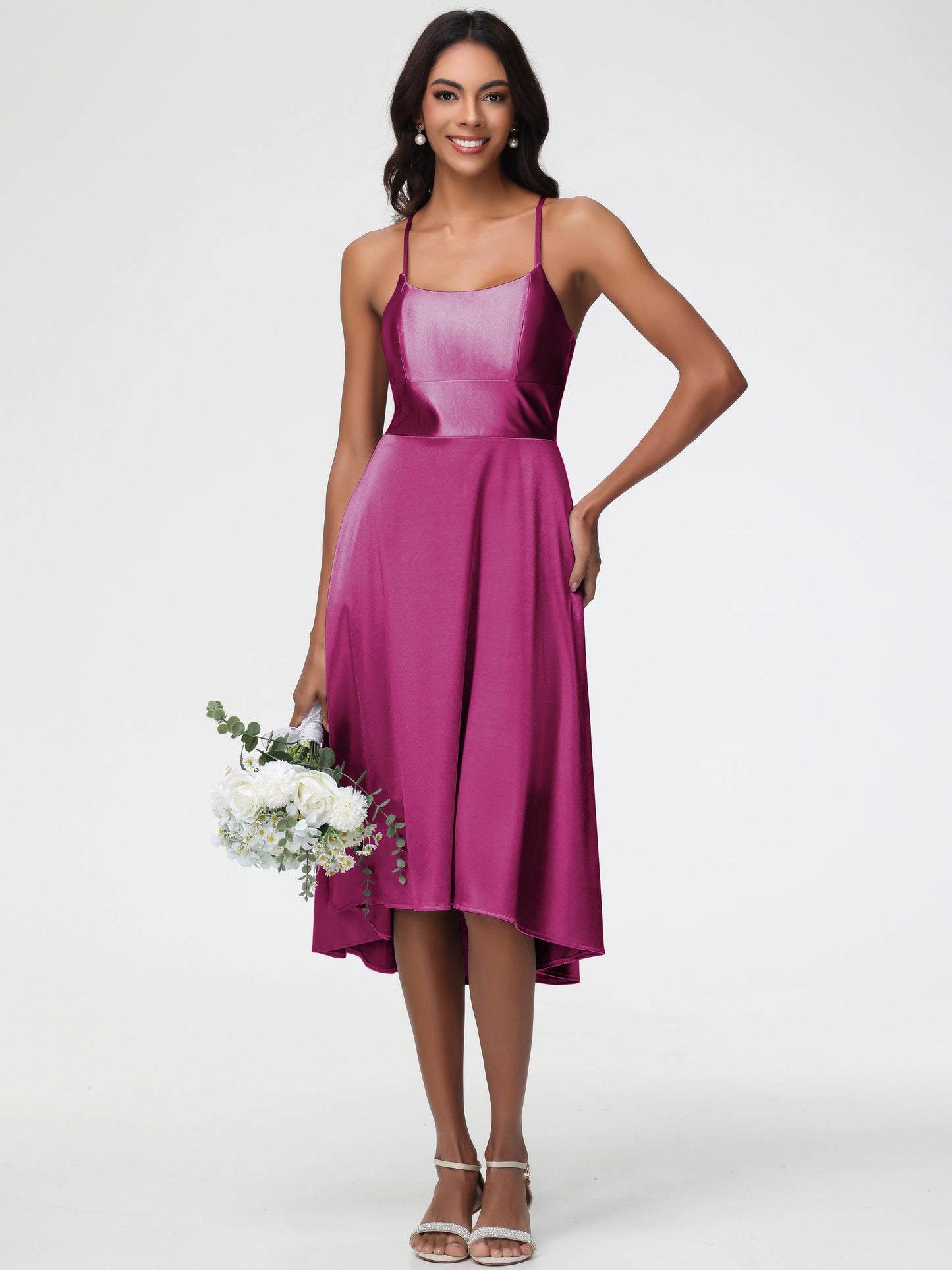 Fuchsia Dresses Bridesmaid Minimalist A Line Spaghetti Straps Sleeveless Stretch Satin Bridesmaid Dress