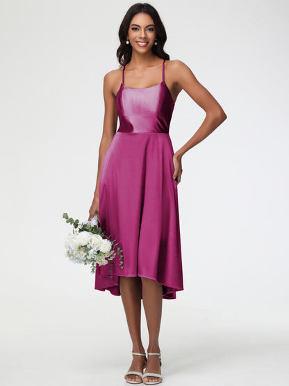 Fuchsia Dresses Bridesmaid Minimalist A Line Spaghetti Straps Sleeveless Stretch Satin Bridesmaid Dress