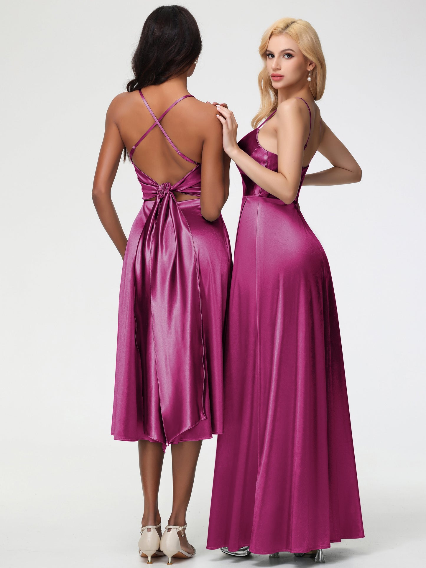 Fuchsia Dresses Bridesmaid Minimalist A Line Spaghetti Straps Sleeveless Stretch Satin Bridesmaid Dress