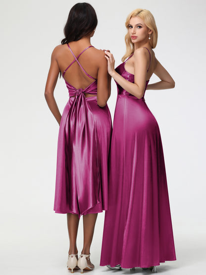 Fuchsia Dresses Bridesmaid Minimalist A Line Spaghetti Straps Sleeveless Stretch Satin Bridesmaid Dress