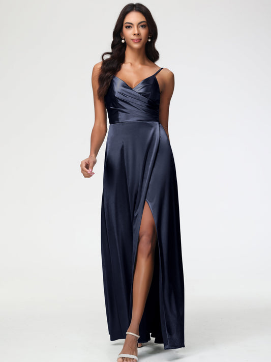 Dark Navy Blue Bridesmaid Dresses Spaghetti Straps Pleated Sleeveless V-Neck Long Stretch Satin Bridesmaid Dresses
