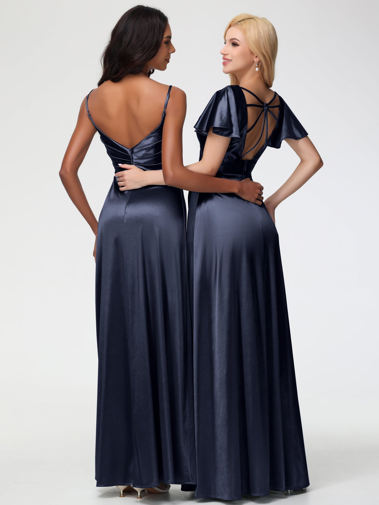 Dark Navy Blue Bridesmaid Dresses Spaghetti Straps Pleated Sleeveless V-Neck Long Stretch Satin Bridesmaid Dresses