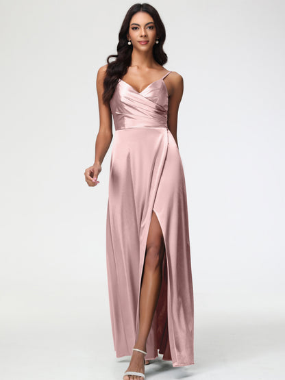 Dusty Rose Bridesmaids Spaghetti Straps Pleated Sleeveless V-Neck Long Stretch Satin Bridesmaid Dresses