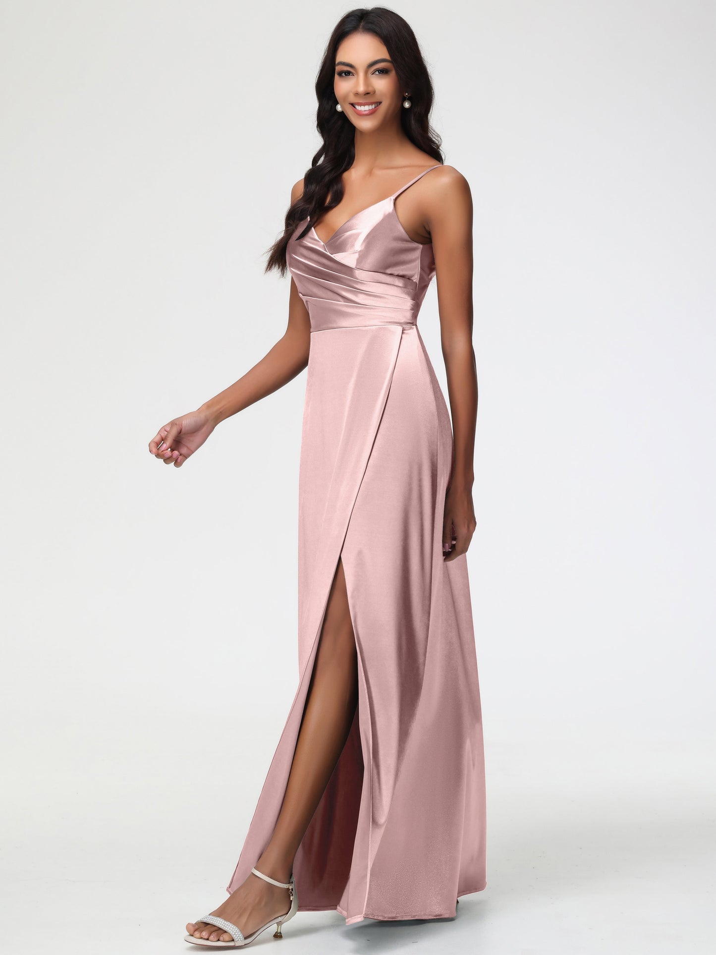 Dusty Rose Bridesmaids Spaghetti Straps Pleated Sleeveless V-Neck Long Stretch Satin Bridesmaid Dresses