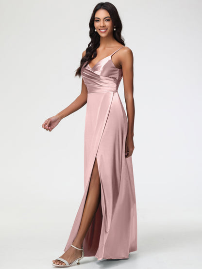 Dusty Rose Bridesmaids Spaghetti Straps Pleated Sleeveless V-Neck Long Stretch Satin Bridesmaid Dresses