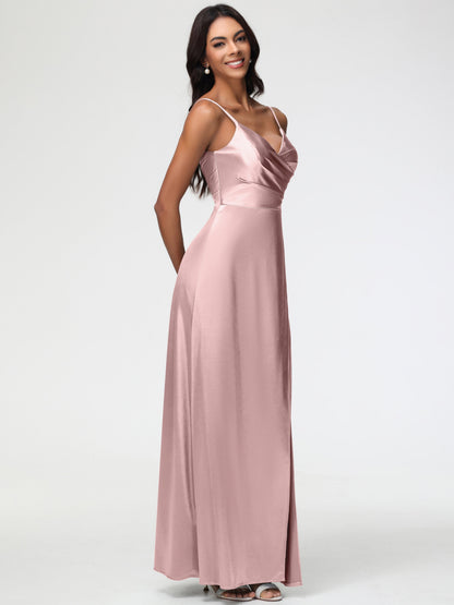 Dusty Rose Bridesmaids Spaghetti Straps Pleated Sleeveless V-Neck Long Stretch Satin Bridesmaid Dresses
