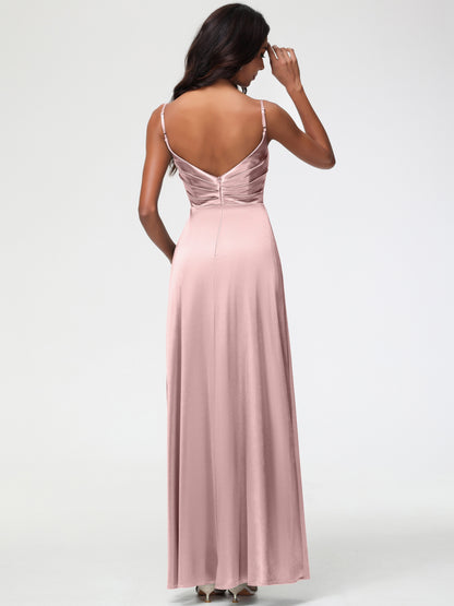 Dusty Rose Bridesmaids Spaghetti Straps Pleated Sleeveless V-Neck Long Stretch Satin Bridesmaid Dresses