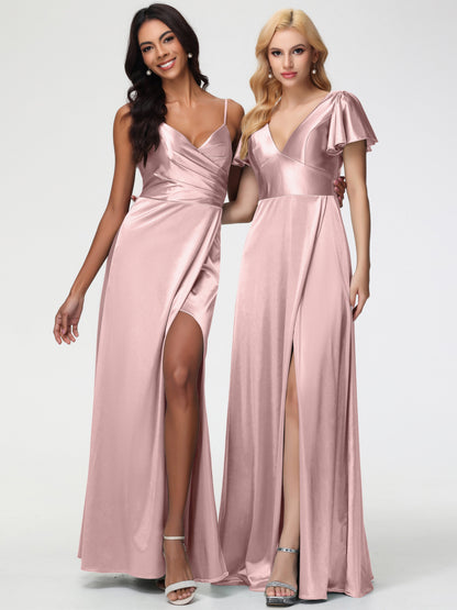 Dusty Rose Bridesmaids Spaghetti Straps Pleated Sleeveless V-Neck Long Stretch Satin Bridesmaid Dresses