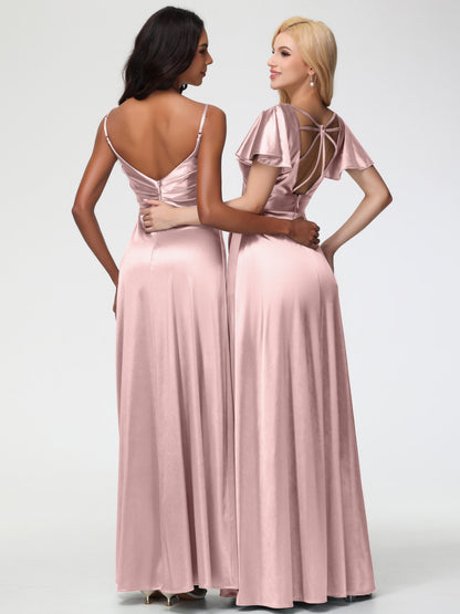 Dusty Rose Bridesmaids Spaghetti Straps Pleated Sleeveless V-Neck Long Stretch Satin Bridesmaid Dresses