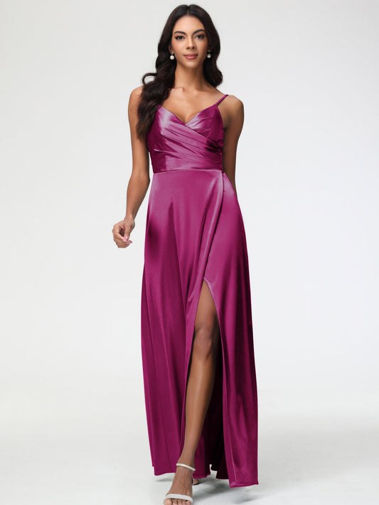 Fuchsia Color Bridesmaid Dress Spaghetti Straps Pleated Sleeveless V-Neck Long Stretch Satin Bridesmaid Dresses